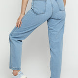 Luxzi High Waisted Stretch Denim Straight Leg Jeans - Light Blue - JMOJO - Women's Straight Leg Jeans