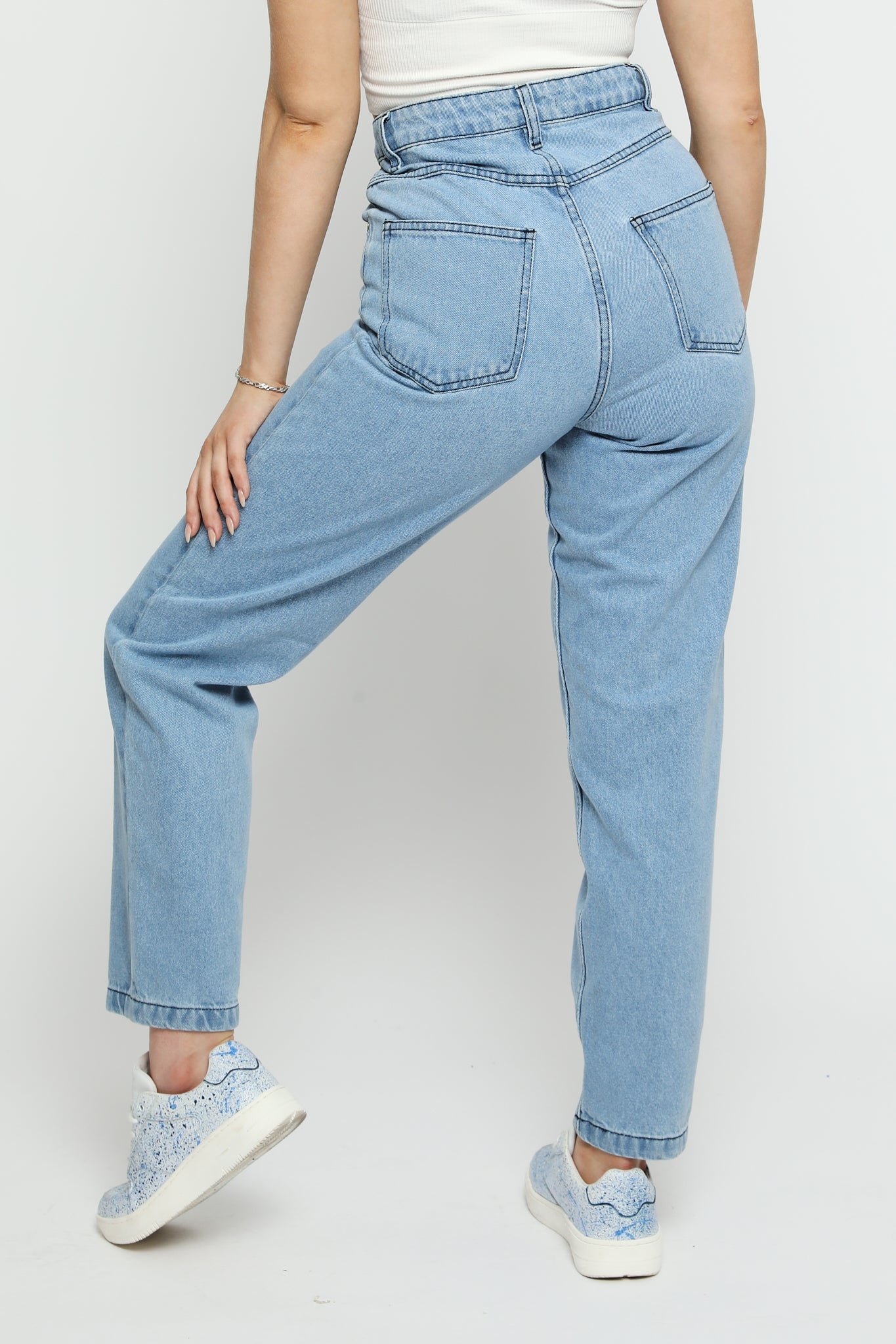 Luxzi High Waisted Stretch Denim Straight Leg Jeans - Light Blue - JMOJO - Women's Straight Leg Jeans