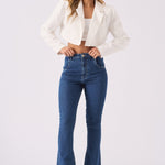 LYRA High Waisted Frayed Hem Flare Jeans - Mid Blue Denim - JMOJO - Women's Flare Jeans