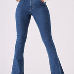 LYRA High Waisted Frayed Hem Flare Jeans - Mid Blue Denim - JMOJO - Women's Flare Jeans