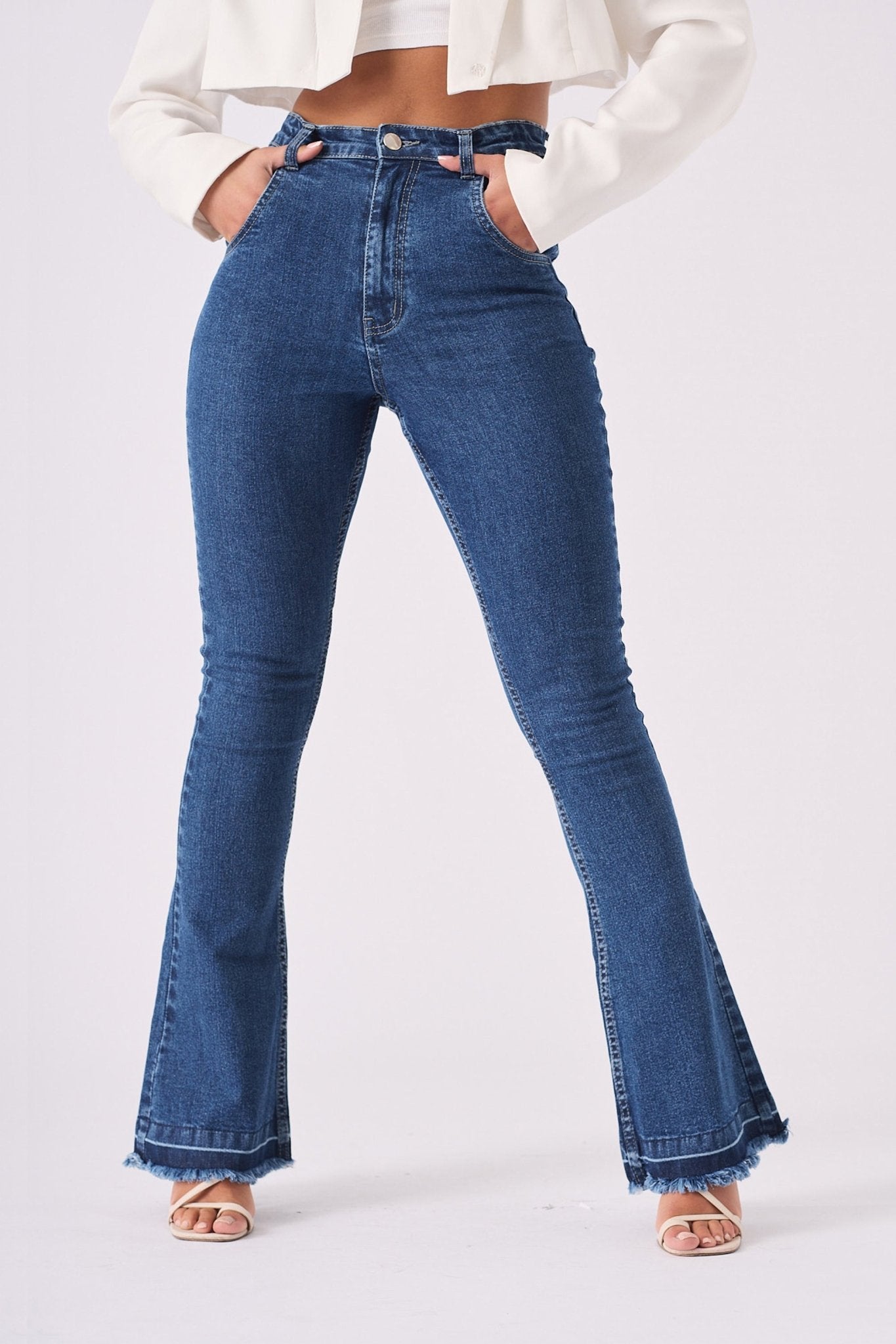 LYRA High Waisted Frayed Hem Flare Jeans - Mid Blue Denim - JMOJO - Women's Flare Jeans