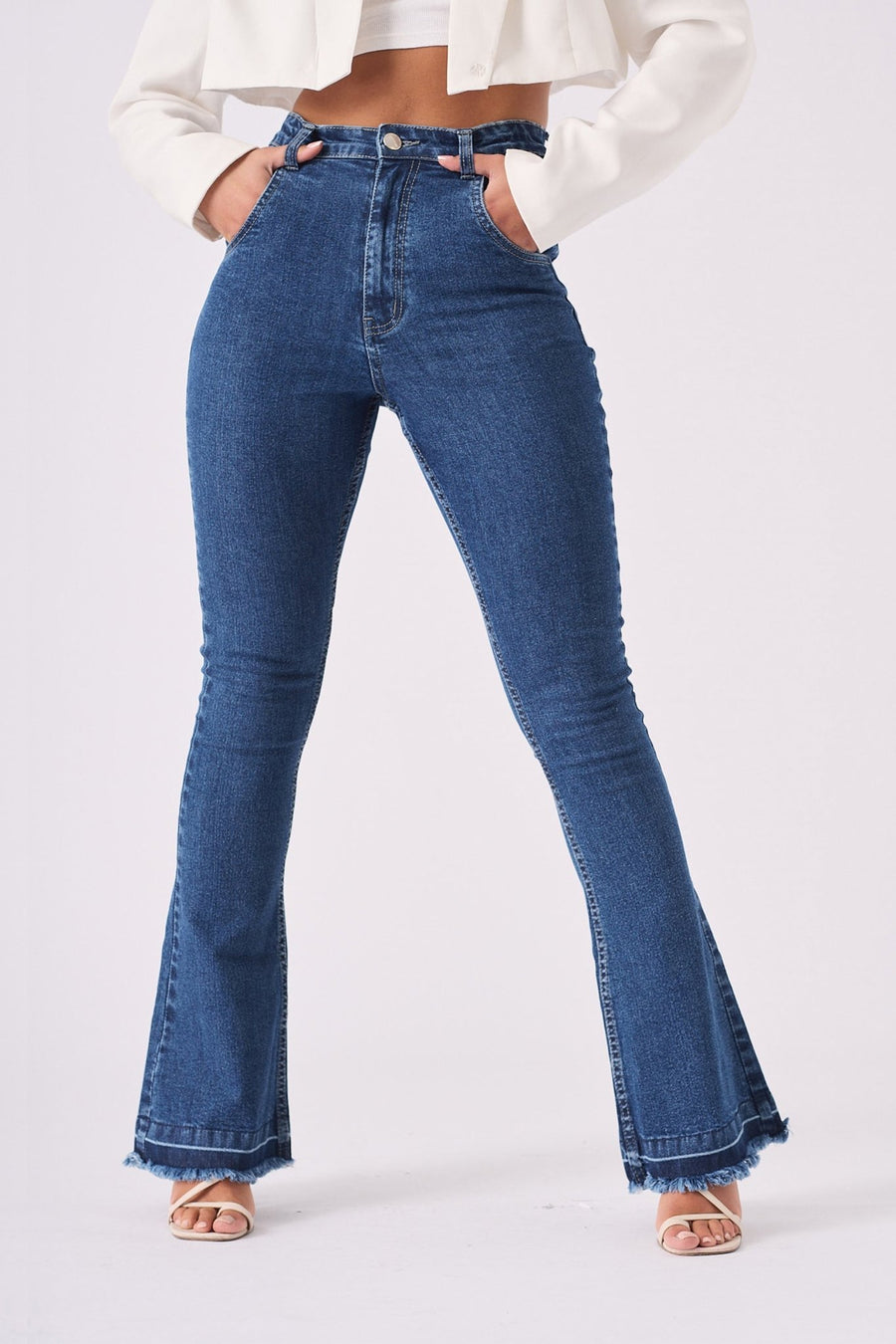 LYRA High Waisted Frayed Hem Flare Jeans - Mid Blue Denim - JMOJO - Women's Flare Jeans
