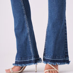 LYRA High Waisted Frayed Hem Flare Jeans - Mid Blue Denim - JMOJO - Women's Flare Jeans