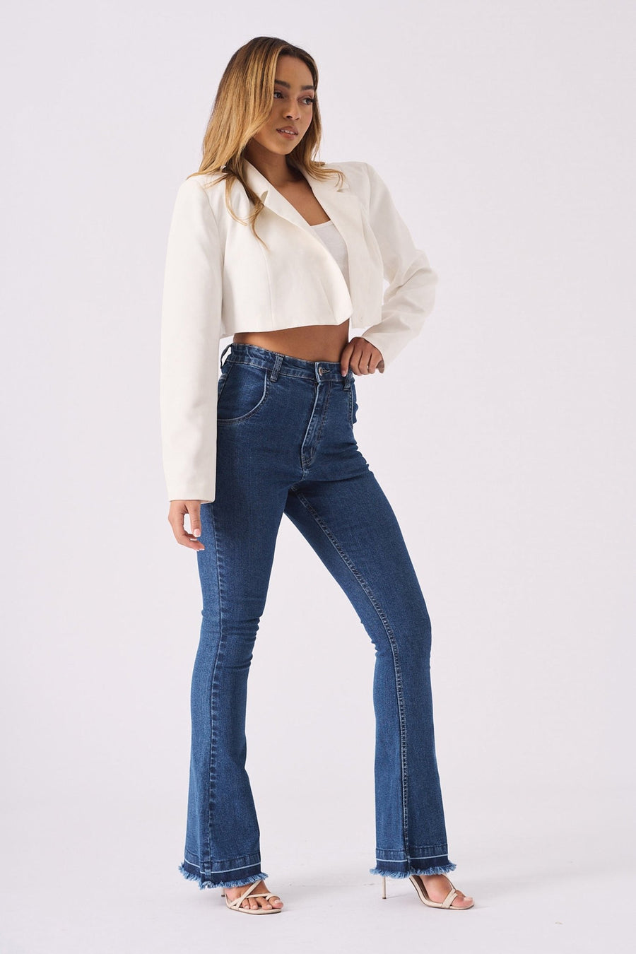 LYRA High Waisted Frayed Hem Flare Jeans - Mid Blue Denim - JMOJO - Women's Flare Jeans
