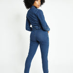 Maren Fitted Long - Sleeve Denim Jumpsuit – Dark Blue Wash - JMOJO - Women's Denim Jumpsuits