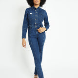 Maren Fitted Long - Sleeve Denim Jumpsuit – Dark Blue Wash - JMOJO - Women's Denim Jumpsuits