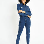 Maren Fitted Long - Sleeve Denim Jumpsuit – Dark Blue Wash - JMOJO - Women's Denim Jumpsuits