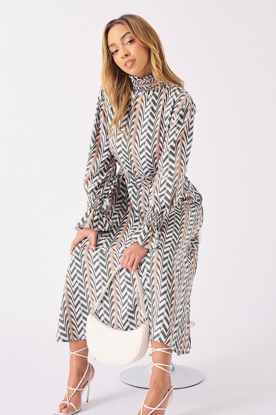 MAXI PRINTED SMOCKED DRESS WITH BELT - GREY - JMOJO - Women's Dresses
