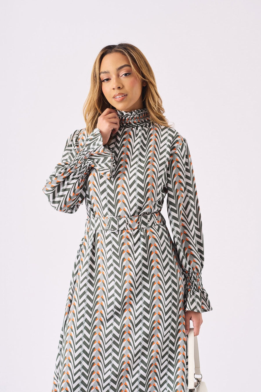 MAXI PRINTED SMOCKED DRESS WITH BELT - GREY - JMOJO - Women's Dresses