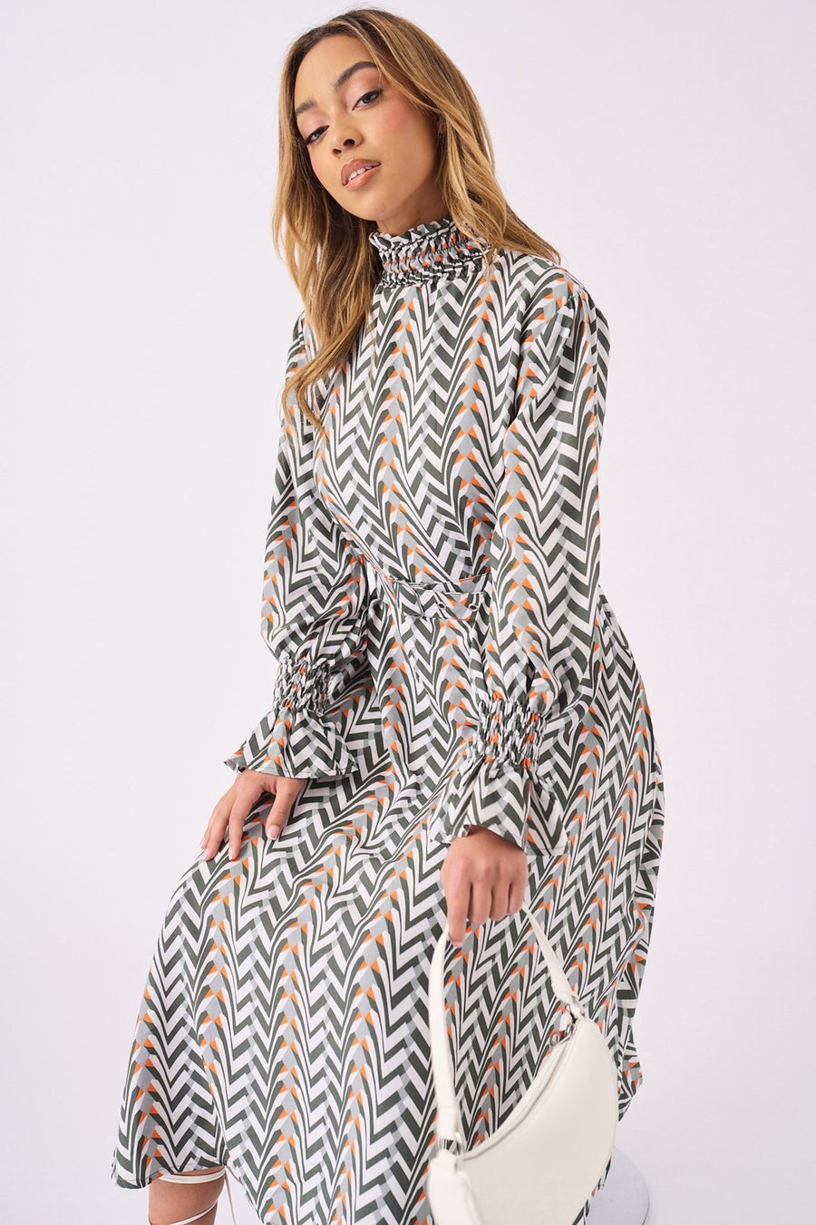 MAXI PRINTED SMOCKED DRESS WITH BELT - GREY - JMOJO - Women's Dresses