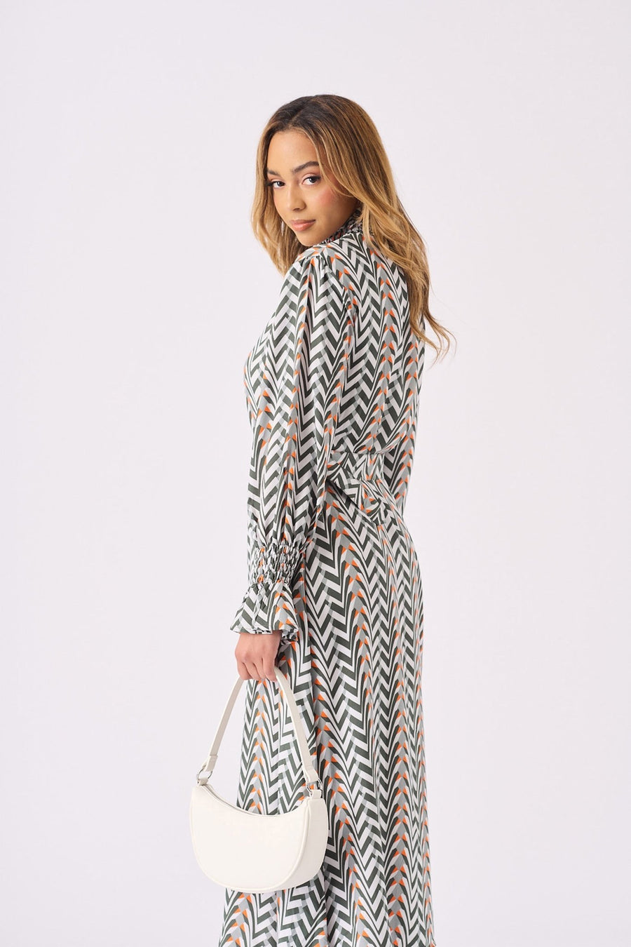 MAXI PRINTED SMOCKED DRESS WITH BELT - GREY - JMOJO - Women's Dresses