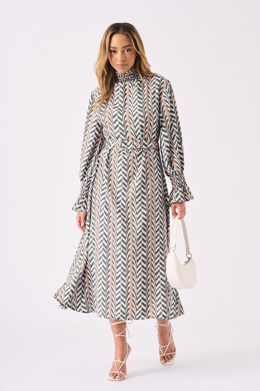 MAXI PRINTED SMOCKED DRESS WITH BELT - GREY - JMOJO - Women's Dresses