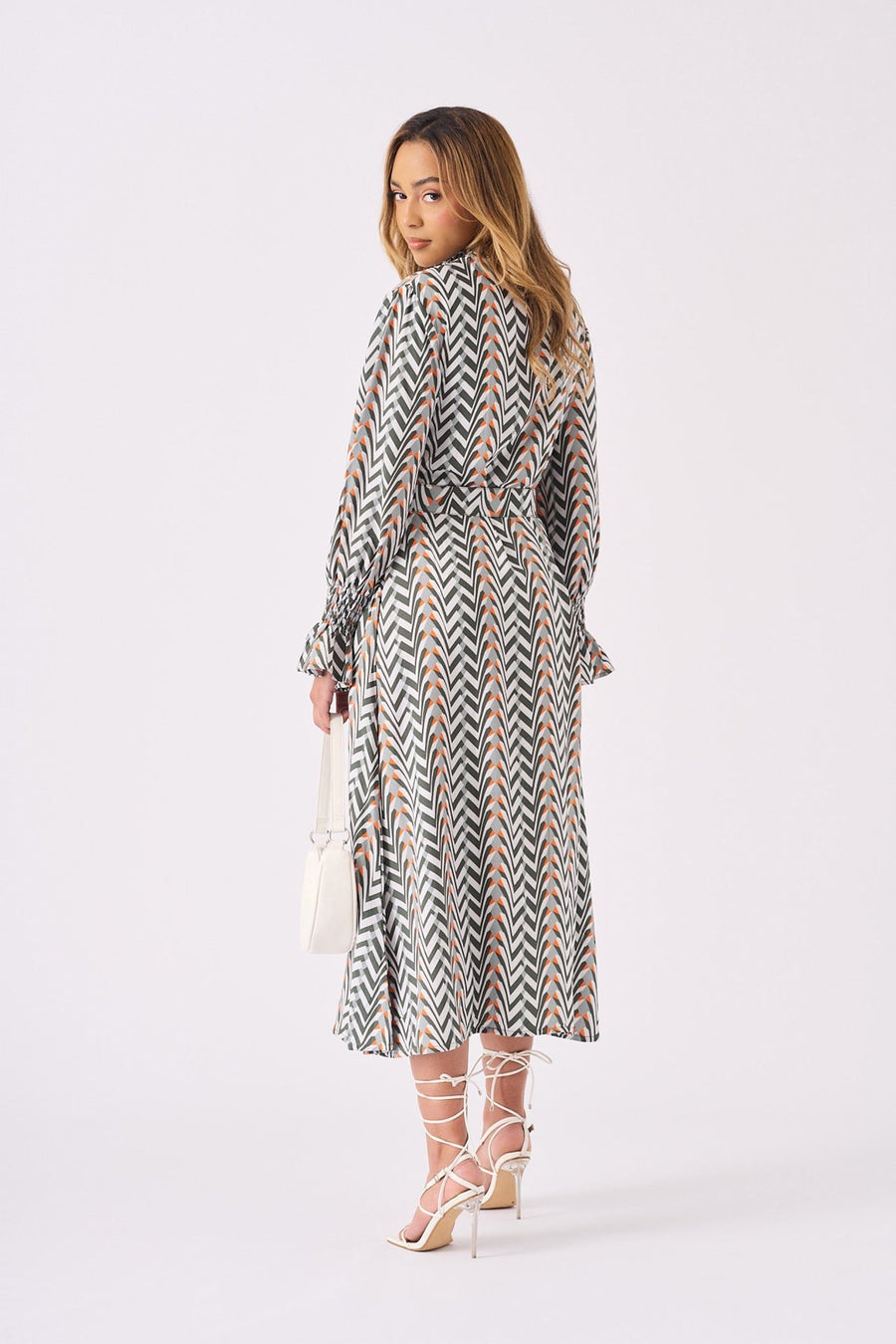 MAXI PRINTED SMOCKED DRESS WITH BELT - GREY - JMOJO - Women's Dresses
