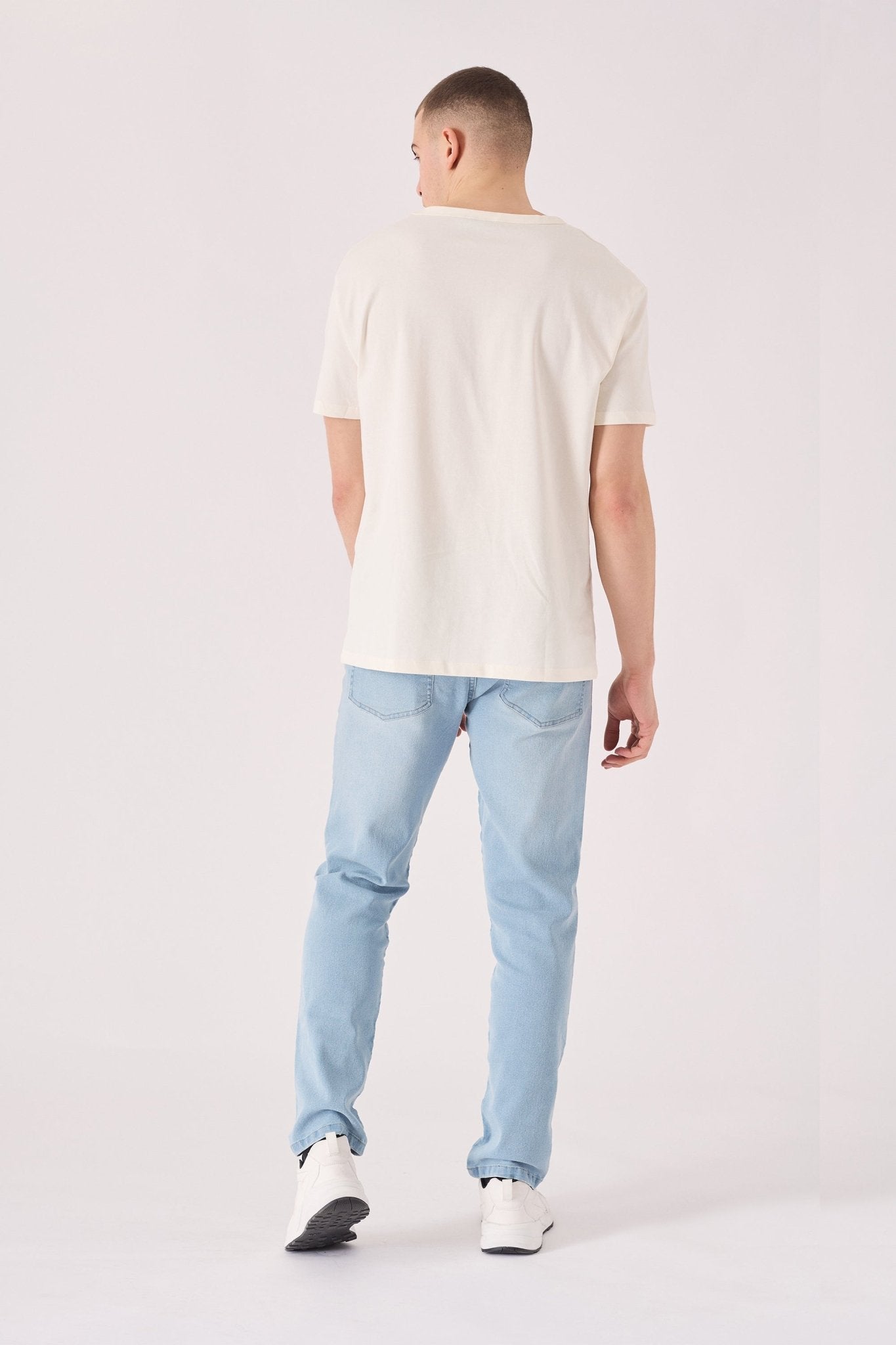 mens light blue slim fit jeans lifestyle full outfit view