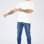 mens mid blue slim fit jeans front view stretch denim