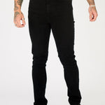 mens slim fit black jeans button fly and waistband close up