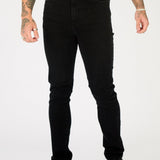 mens slim fit black jeans button fly and waistband close up