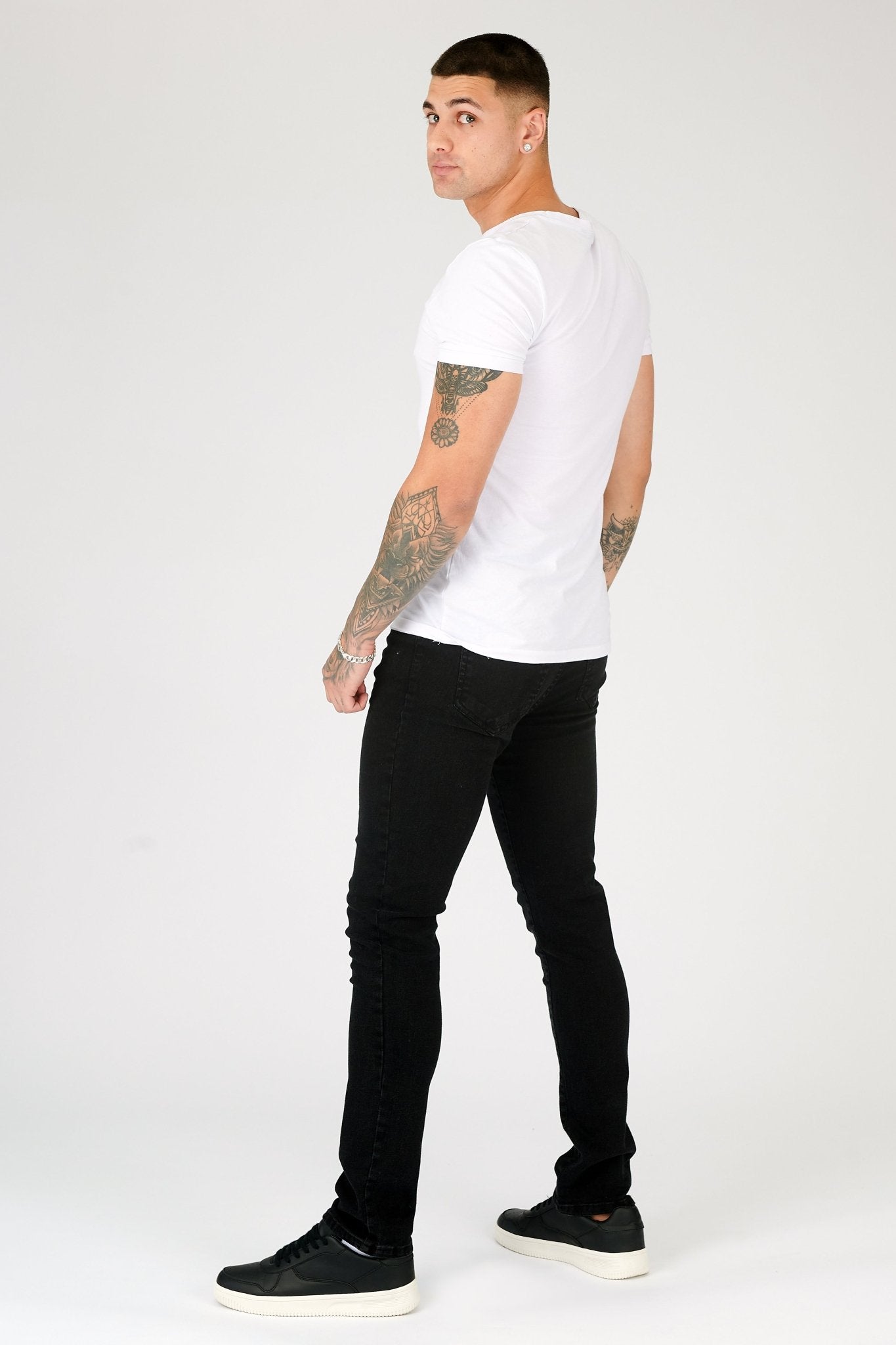 mens black slim fit stretch denim jeans close up detail