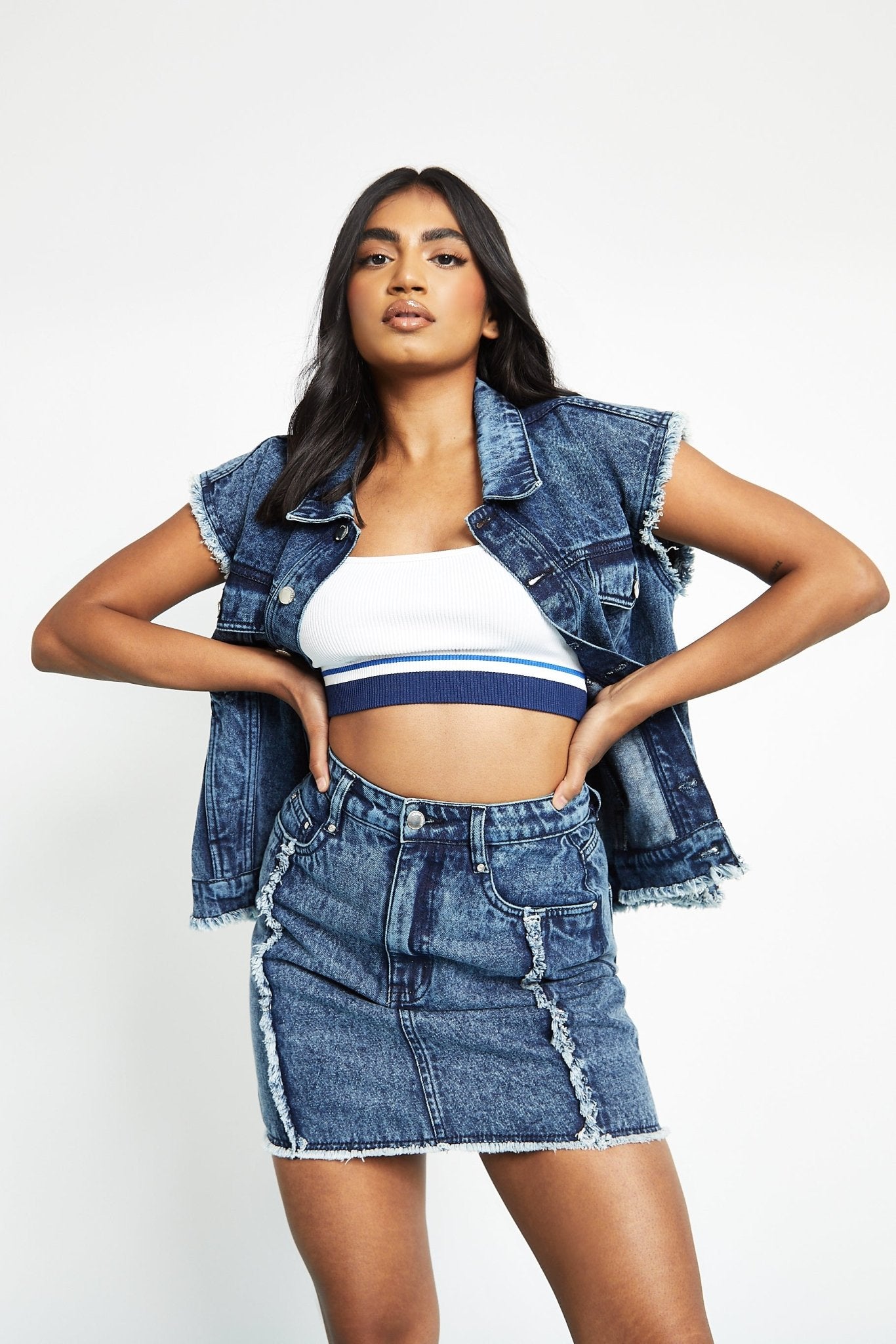 Mira High Waisted Frayed Denim Skirt – Blue Acid Wash - JMOJO - Women's Denim Skirts