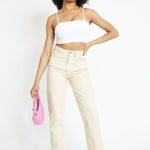 Monja High Waisted Popper Hem Relaxed Straight Leg Jeans - Ecru - JMOJO - Women's Straight Leg Jeans