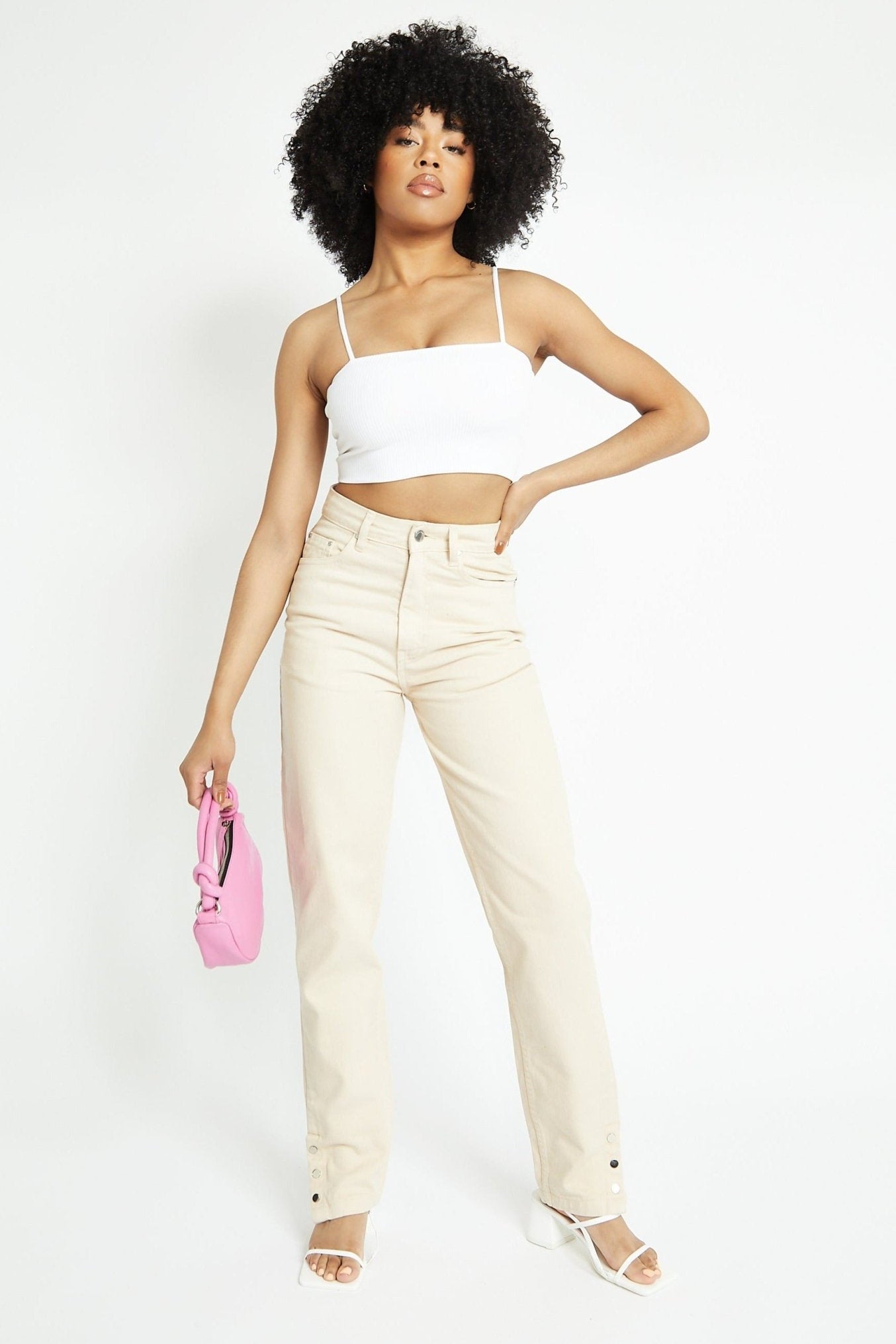 Monja High Waisted Popper Hem Relaxed Straight Leg Jeans - Ecru - JMOJO - Women's Straight Leg Jeans