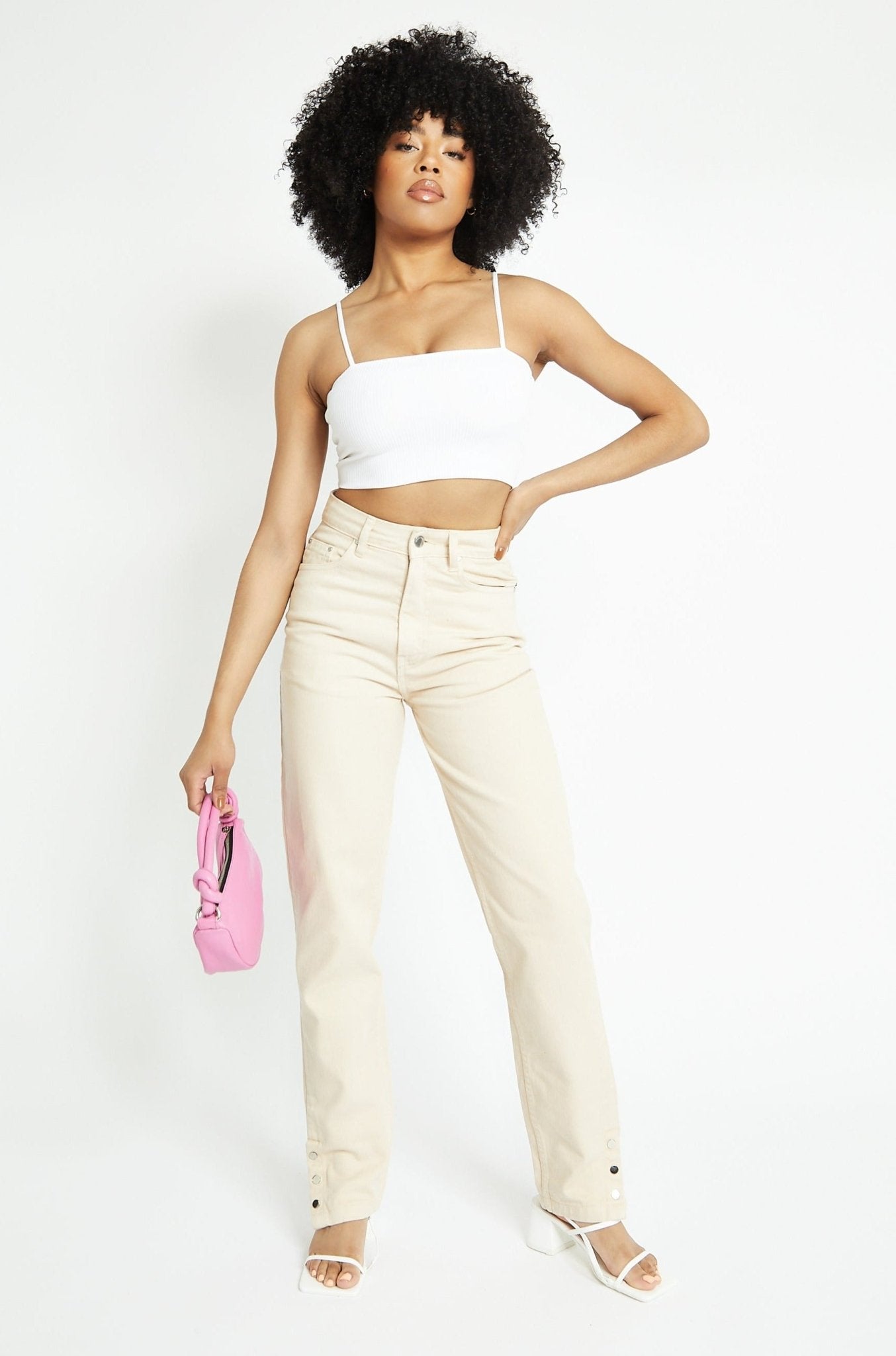 Monja High Waisted Popper Hem Relaxed Straight Leg Jeans - Ecru - JMOJO - Women's Straight Leg Jeans