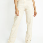 Monja High Waisted Popper Hem Relaxed Straight Leg Jeans - Ecru - JMOJO - Women's Straight Leg Jeans