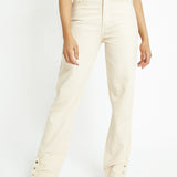 Monja High Waisted Popper Hem Relaxed Straight Leg Jeans - Ecru - JMOJO - Women's Straight Leg Jeans