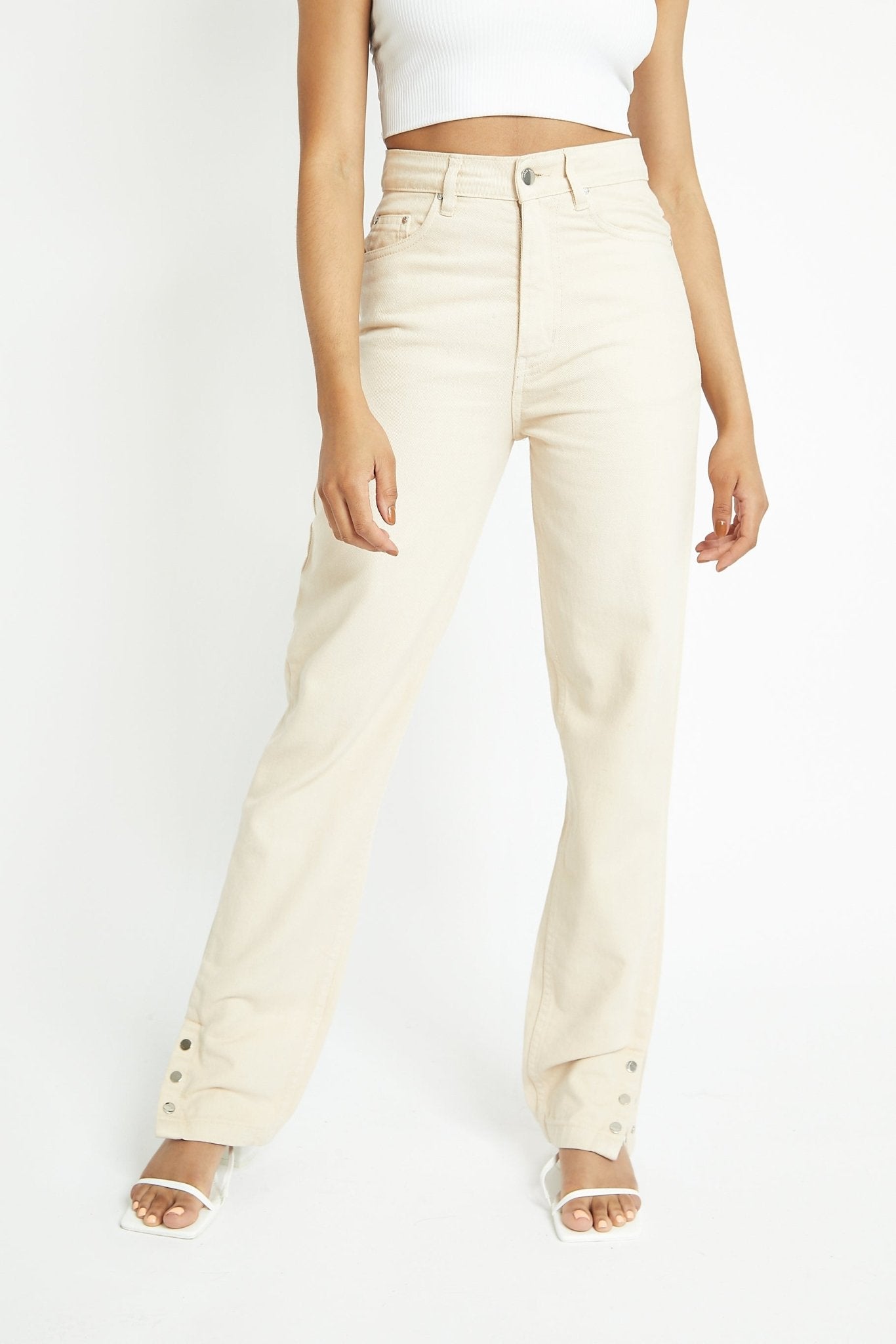 Monja High Waisted Popper Hem Relaxed Straight Leg Jeans - Ecru - JMOJO - Women's Straight Leg Jeans