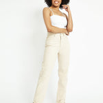 Monja High Waisted Popper Hem Relaxed Straight Leg Jeans - Ecru - JMOJO - Women's Straight Leg Jeans