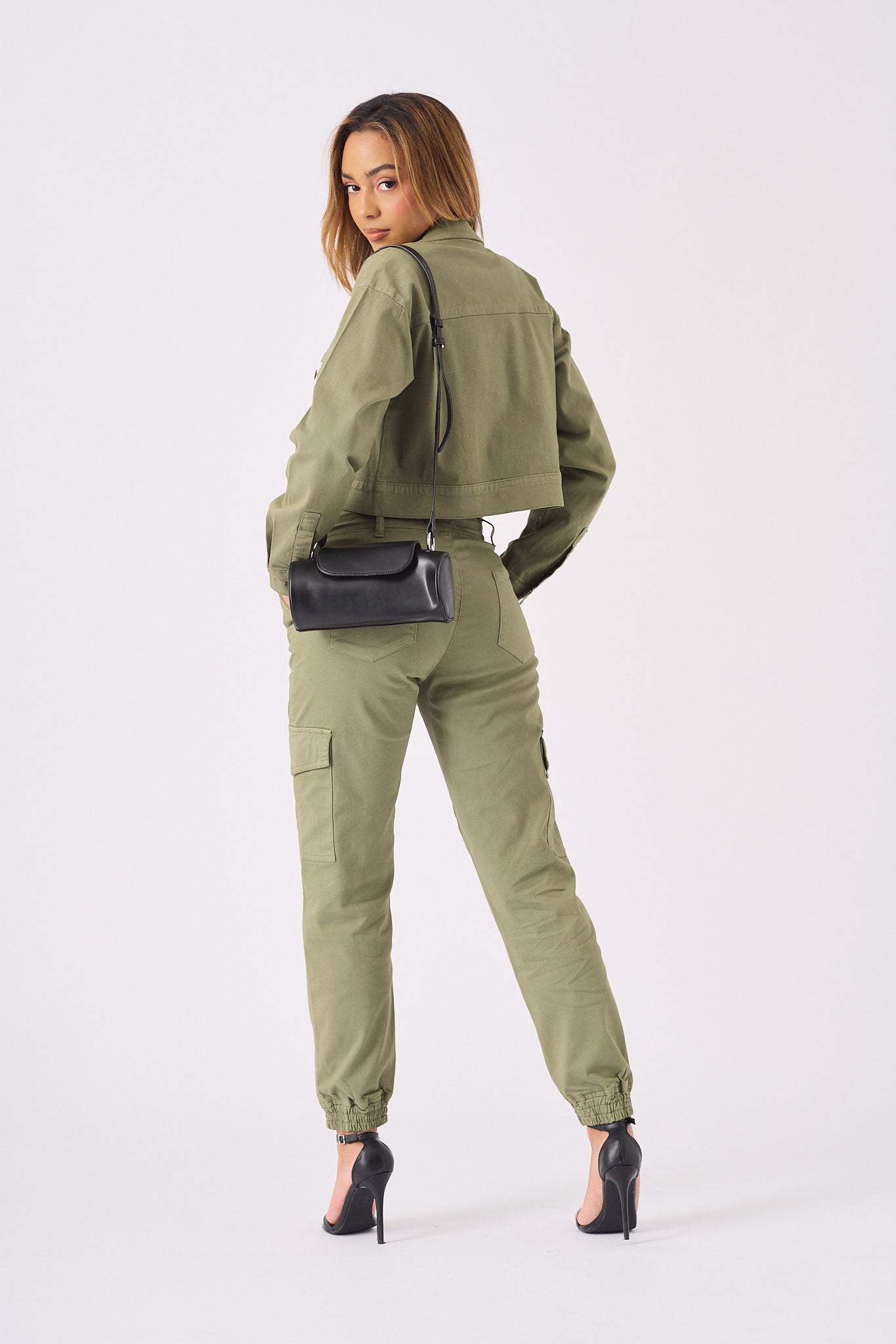 Olive Cargo Denim Cropped Jacket – Olive Green - JMOJO - Women's Cropped Denim Jackets