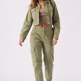 Olive Cargo Denim Cropped Jacket – Olive Green - JMOJO - Women's Cropped Denim Jackets