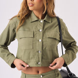 Olive Cargo Denim Cropped Jacket – Olive Green - JMOJO - Women's Cropped Denim Jackets