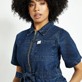 Orla Short - Sleeve Denim Jumpsuit – Dark Blue - JMOJO - Women's Denim Jumpsuits