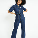 Orla Short - Sleeve Denim Jumpsuit – Dark Blue - JMOJO - Women's Denim Jumpsuits