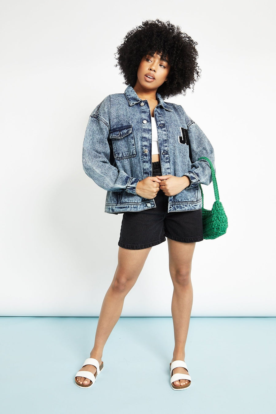 OVERSIZED DENIM JACKET - BLUE - JMOJO - Women's Oversized Printed denim Jackets