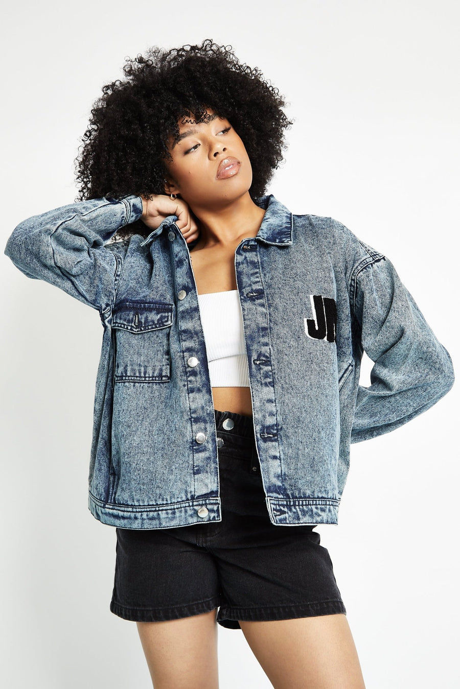 OVERSIZED DENIM JACKET - BLUE - JMOJO - Women's Oversized Printed denim Jackets