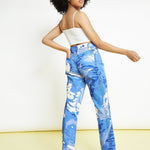 Ozi High Waisted Printed Relaxed Straight Leg Jeans - Blue - JMOJO - Women's Straight Leg Jeans