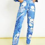 Ozi High Waisted Printed Relaxed Straight Leg Jeans - Blue - JMOJO - Women's Straight Leg Jeans