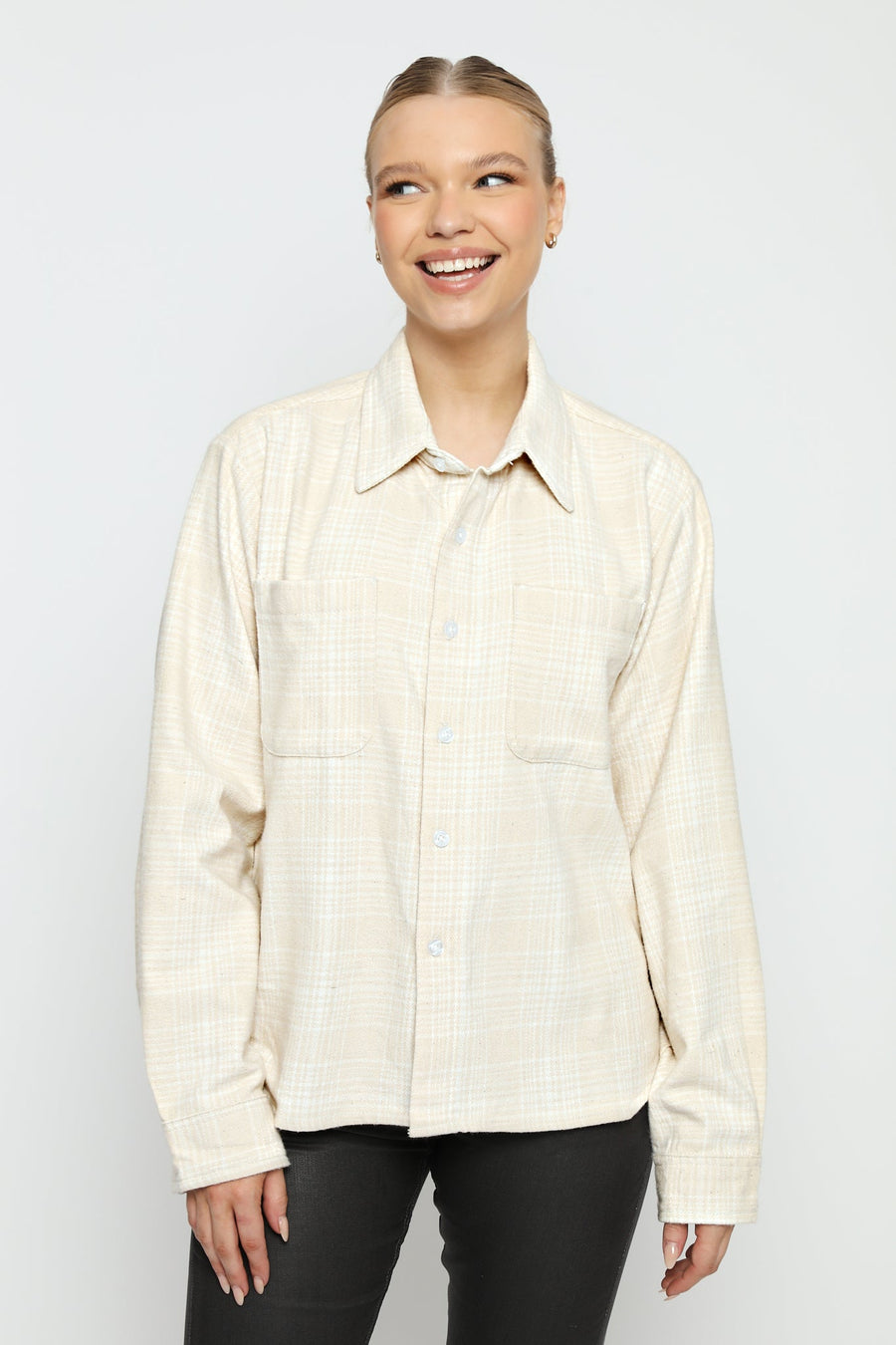 PLAID FLANNEL CHECK SHIRT - BEIGE AND WHITE - JMOJO - Women's Check Shirts