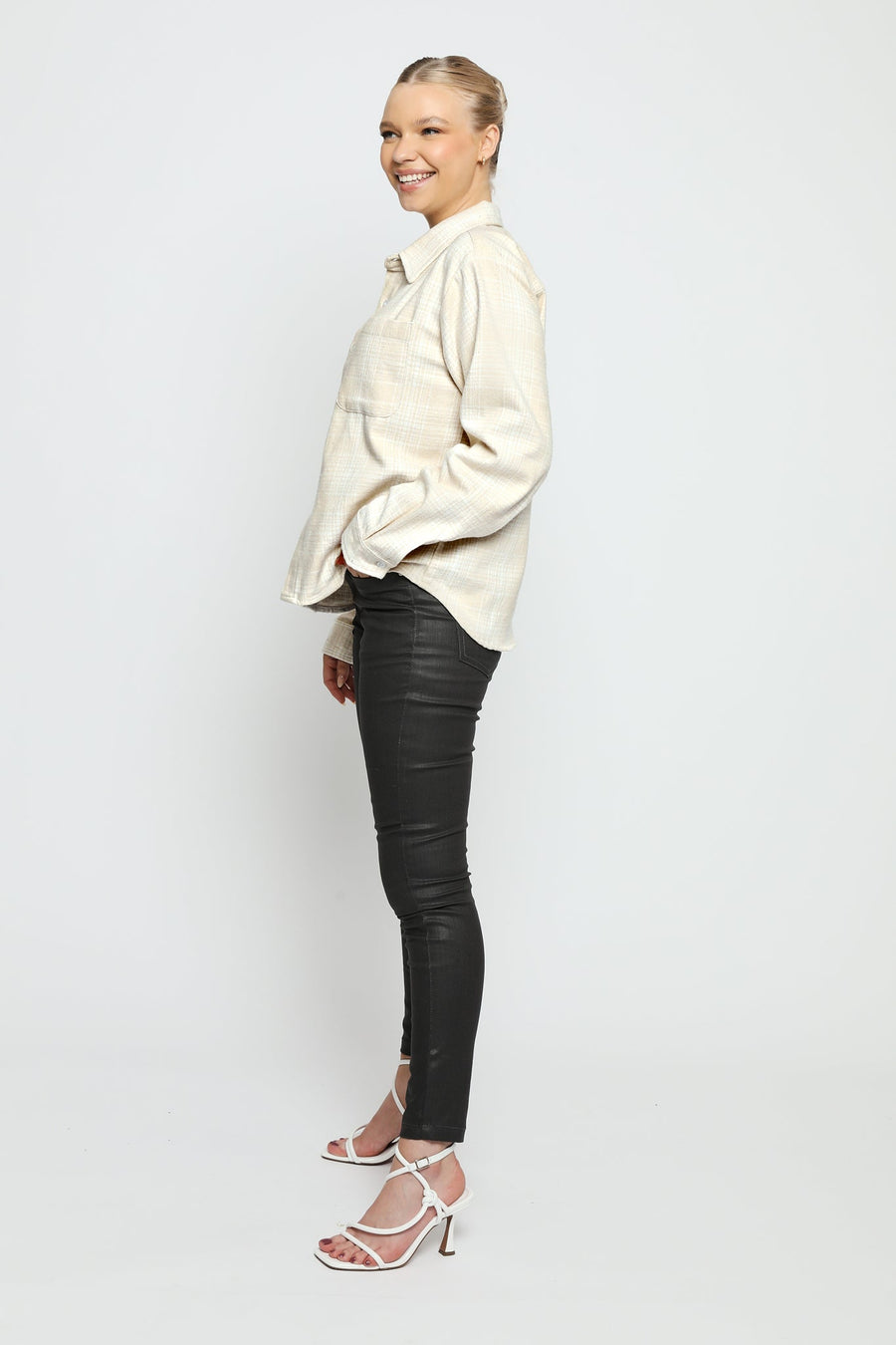PLAID FLANNEL CHECK SHIRT - BEIGE AND WHITE - JMOJO - Women's Check Shirts