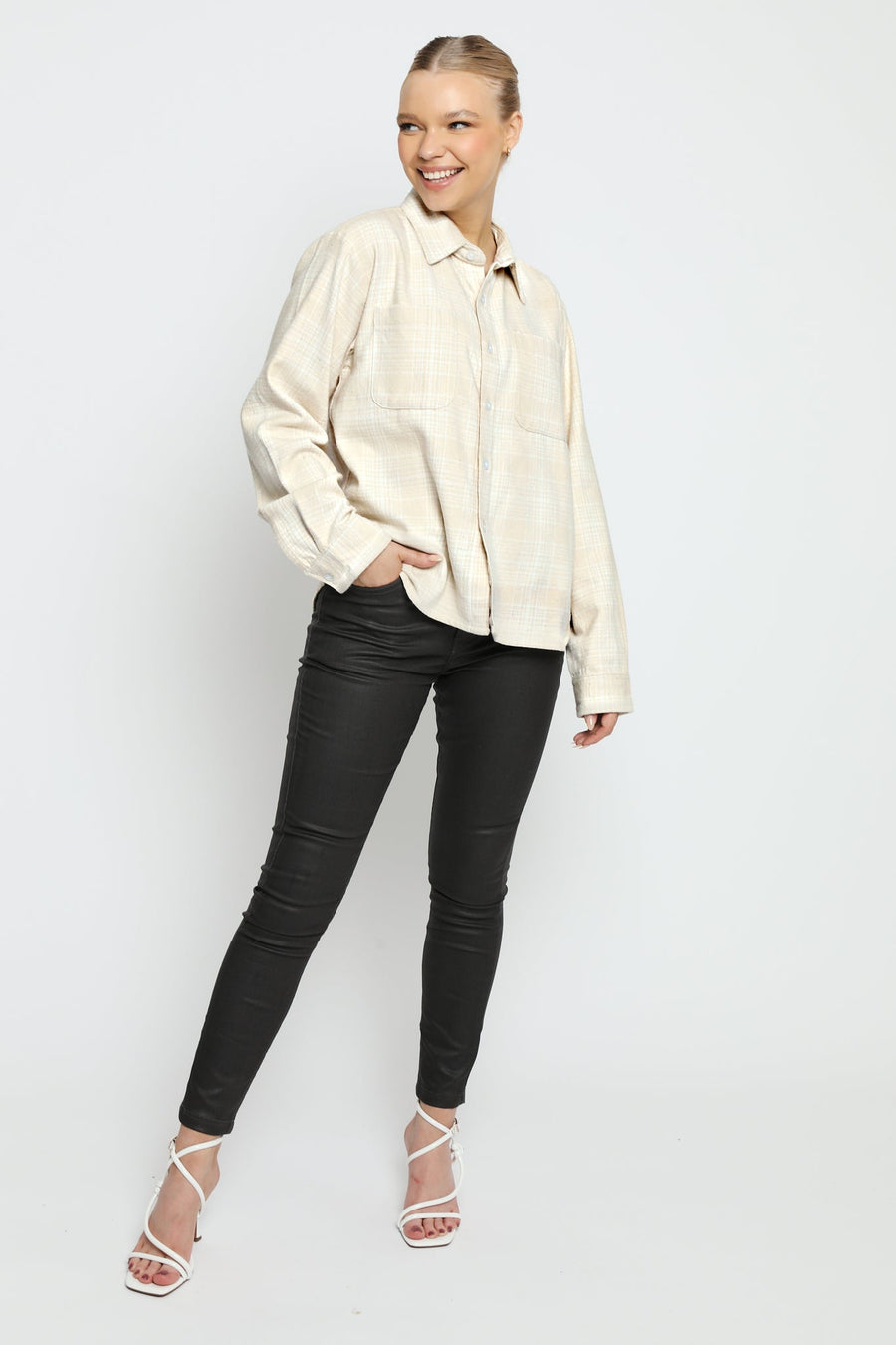 PLAID FLANNEL CHECK SHIRT - BEIGE AND WHITE - JMOJO - Women's Check Shirts