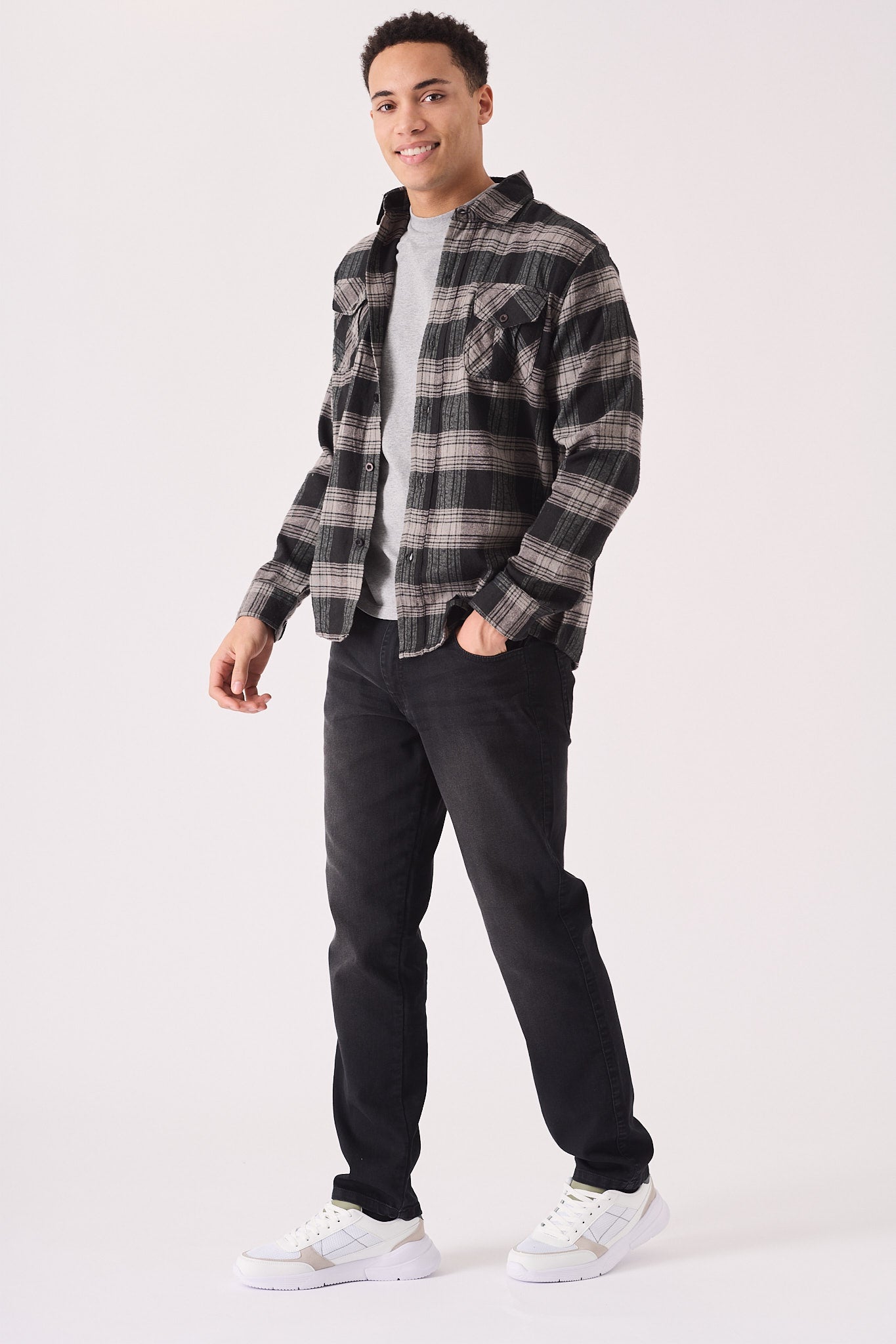 PLAID FLANNEL CHECK SHIRT - BLACK AND GREY - JMOJO - Men's Check Shirts