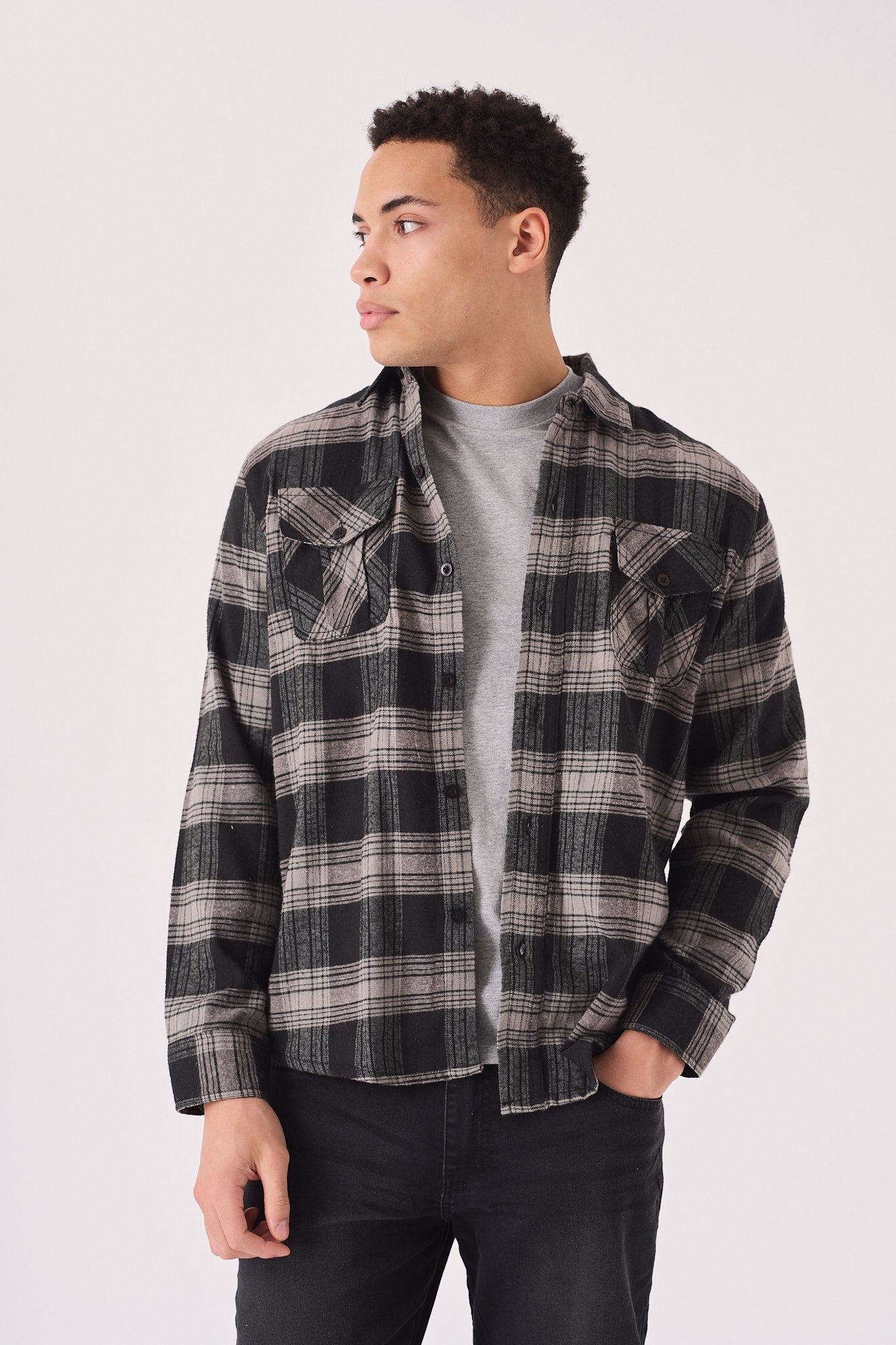 PLAID FLANNEL CHECK SHIRT - BLACK AND GREY - JMOJO - Men's Check Shirts