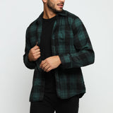 PLAID FLANNEL CHECK SHIRT - DARK GREEN AND BLACK - JMOJO - Men's Check Shirts