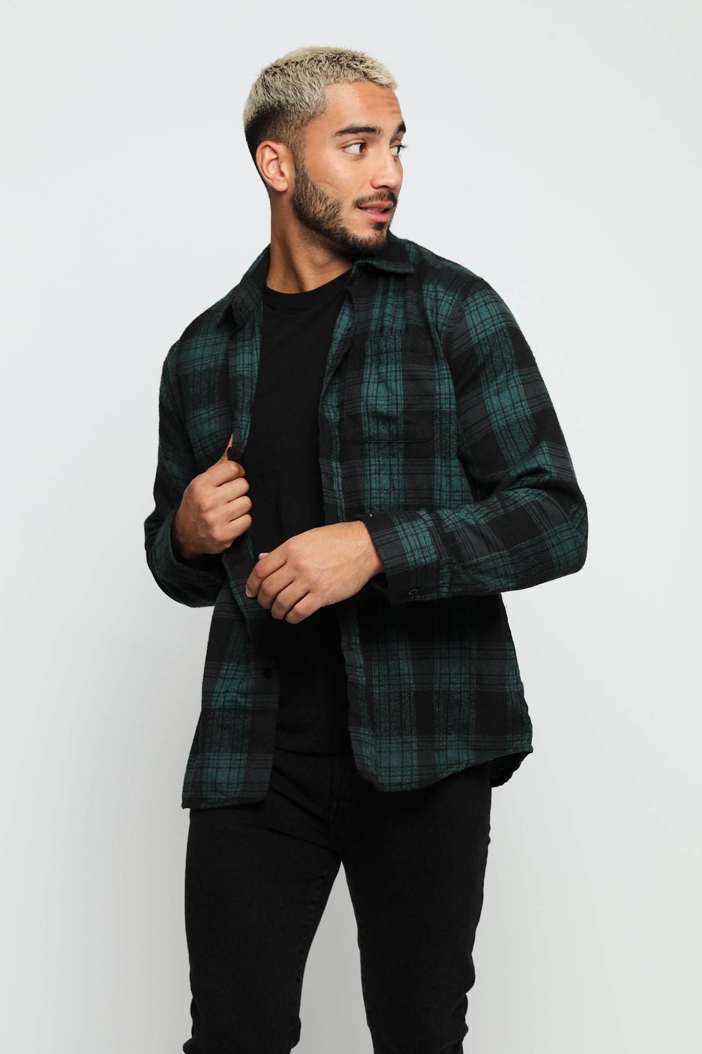 PLAID FLANNEL CHECK SHIRT - DARK GREEN AND BLACK - JMOJO - Men's Check Shirts