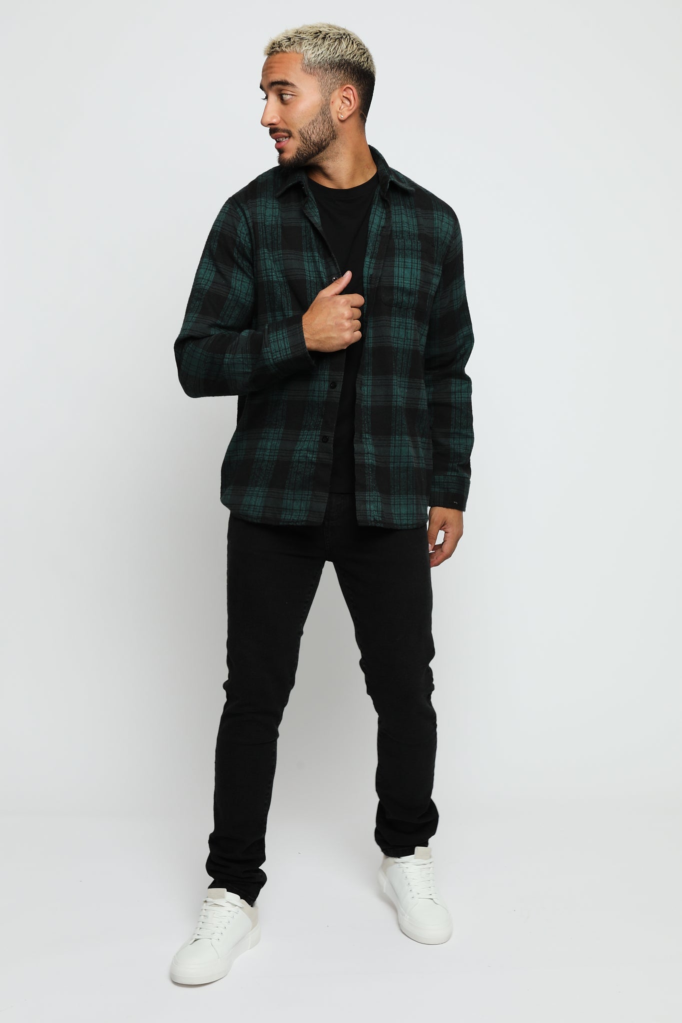 PLAID FLANNEL CHECK SHIRT - DARK GREEN AND BLACK - JMOJO - Men's Check Shirts