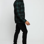 PLAID FLANNEL CHECK SHIRT - DARK GREEN AND BLACK - JMOJO - Men's Check Shirts