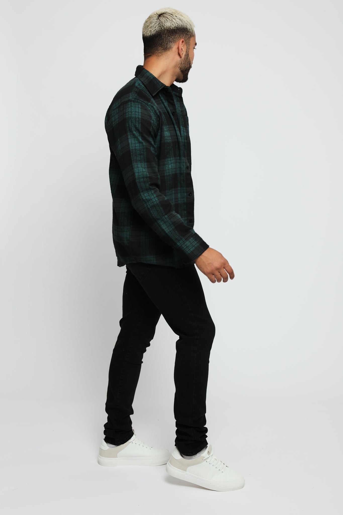 PLAID FLANNEL CHECK SHIRT - DARK GREEN AND BLACK - JMOJO - Men's Check Shirts