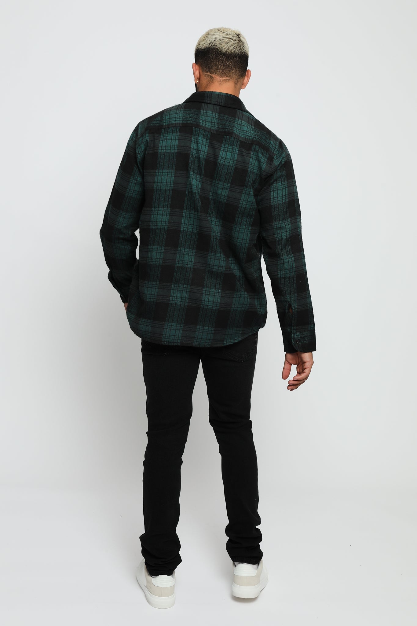 PLAID FLANNEL CHECK SHIRT - DARK GREEN AND BLACK - JMOJO - Men's Check Shirts